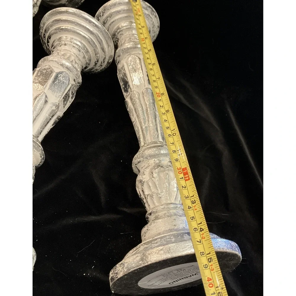Distressed Silver Faux Mercury Mirror Resin Tall Candle Holder Candlestick Set 3